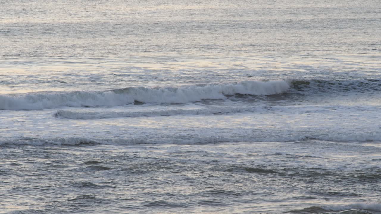 Big waves crashing during sunset with birds flying over