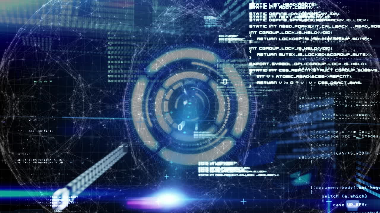 둥근 스캐너의 애니메이션 및 전 세계 연결 네트워크와 빛의 점에 대한 데이터 처리