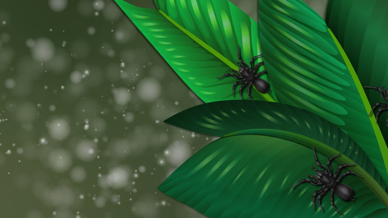 arañas que se arrastran por las hojas verdes con un fondo brillante