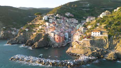 riomaggiore, cinque terre at sunset - amazing aerial establishing shot