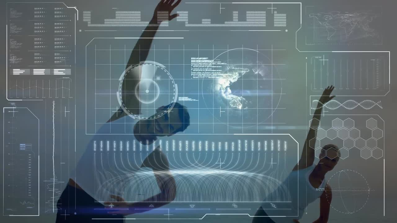 해변에서 운동하는 백인 커플에 대한 데이터 처리 애니메이션