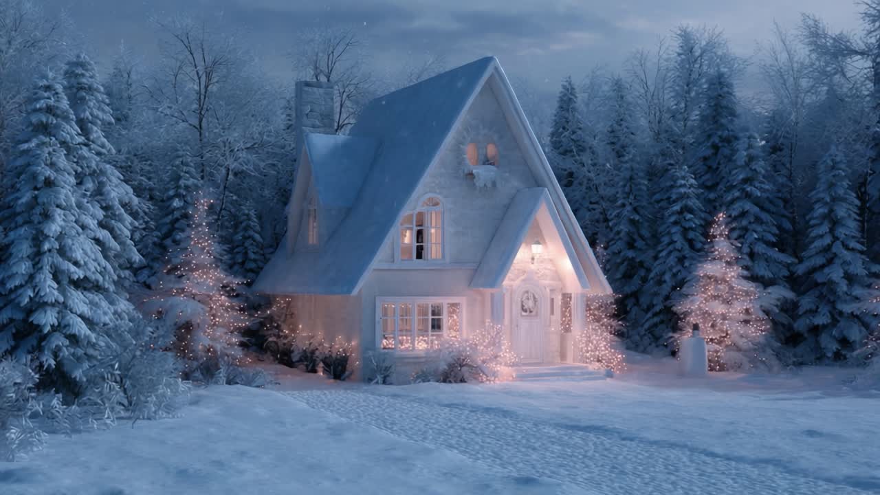 A Cozy Winter Retreat: Capturing the Serenity of a Snow-Covered House Nestled Amidst Frosty Evergreens and Glimmering Holiday Lights