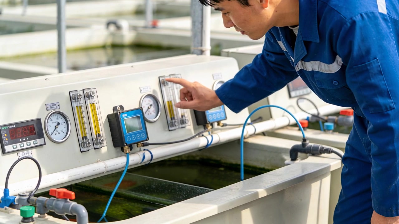 Reading meter, tech in blue uniform adjusting valves, gauges to calibrate tank flow, copy space