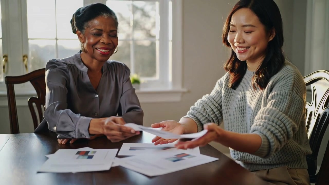 Sorting scattered proofs, senior in grey blouse handing pages to younger in green sweater at home