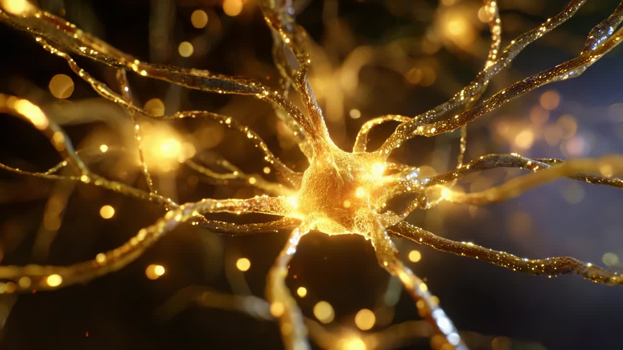 Intricate Network of Golden Neurons: A Stunning Visualization of Neural Connections and Activity, Highlighting the Beauty and Complexity of the Nervous System in a Mesmerizing Display of Light and Design