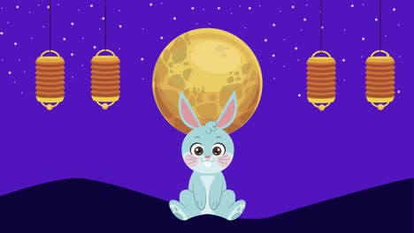 animación del festival de la luna feliz con conejo y luna