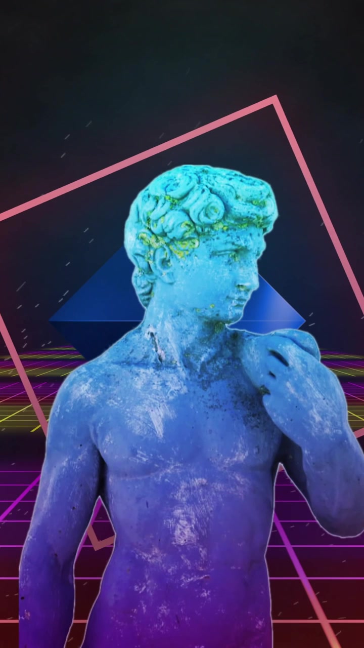 Animazione di una statua maschile con effetto glitch su quadrati e motivo a griglia su sfondo nero