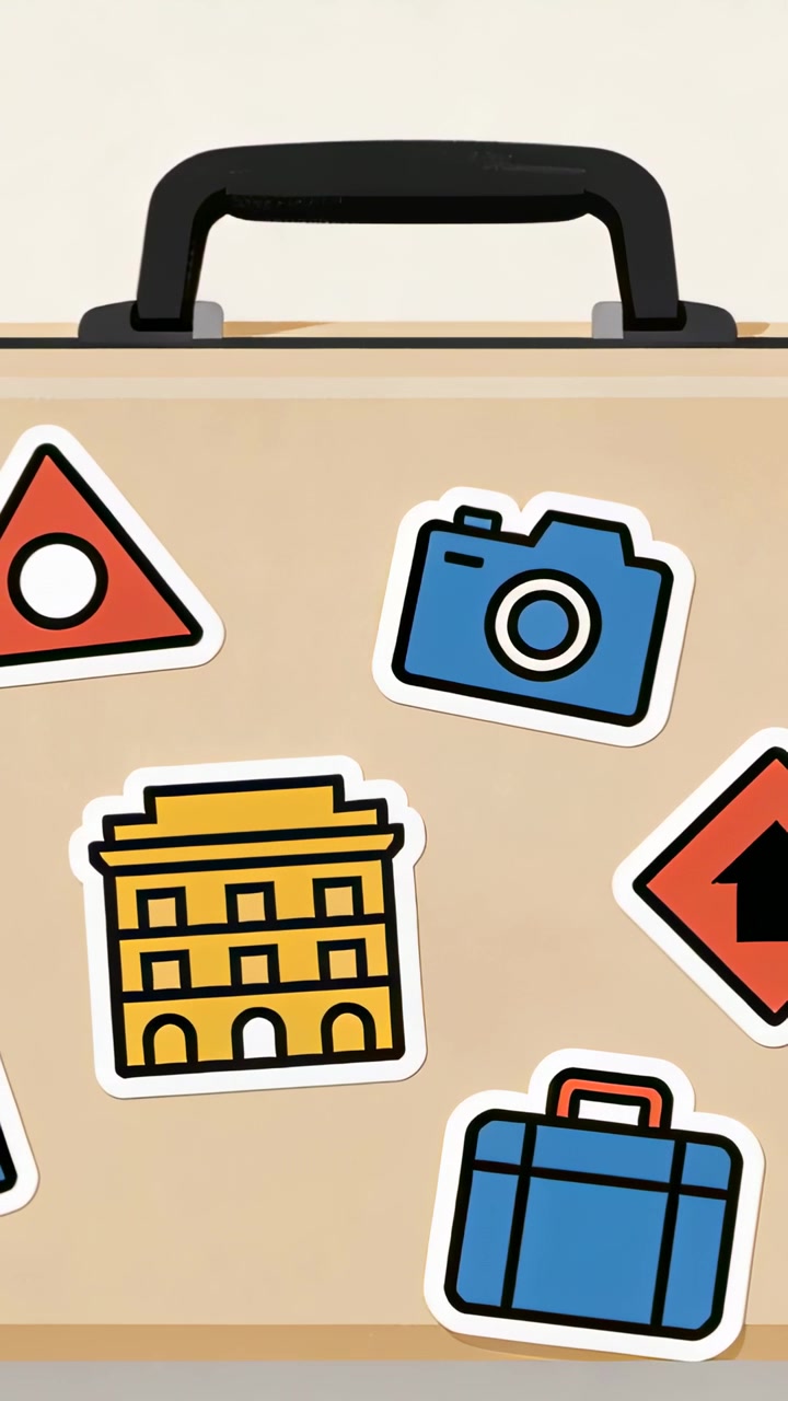 Vertical video: Panning camera filming beige suitcase on table, revealing travel stickers