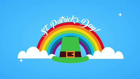 tarjeta animada del día de san patricio con arco iris y sombrero de elfo