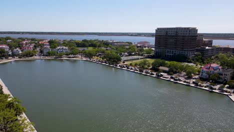 charleston south carolina colonial lake park aerial view of colonial lake park dolly forward shot