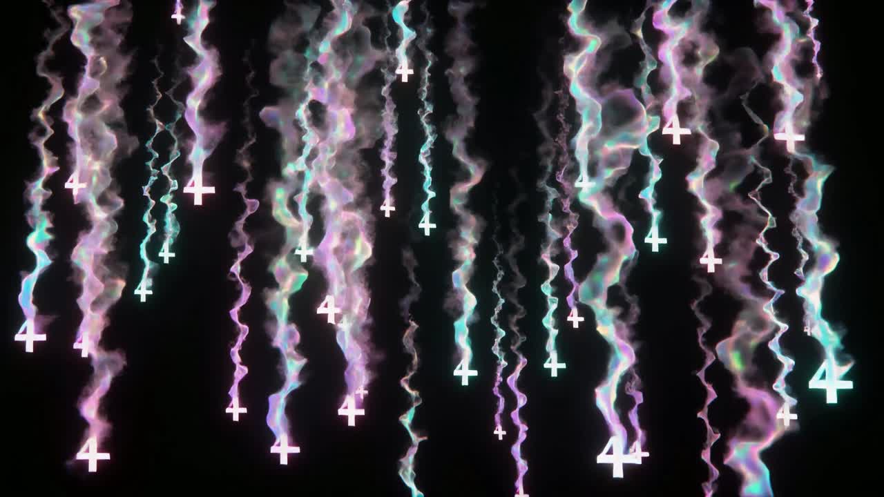 Abstrakte farverige røgstier med faldende tal og symboler.