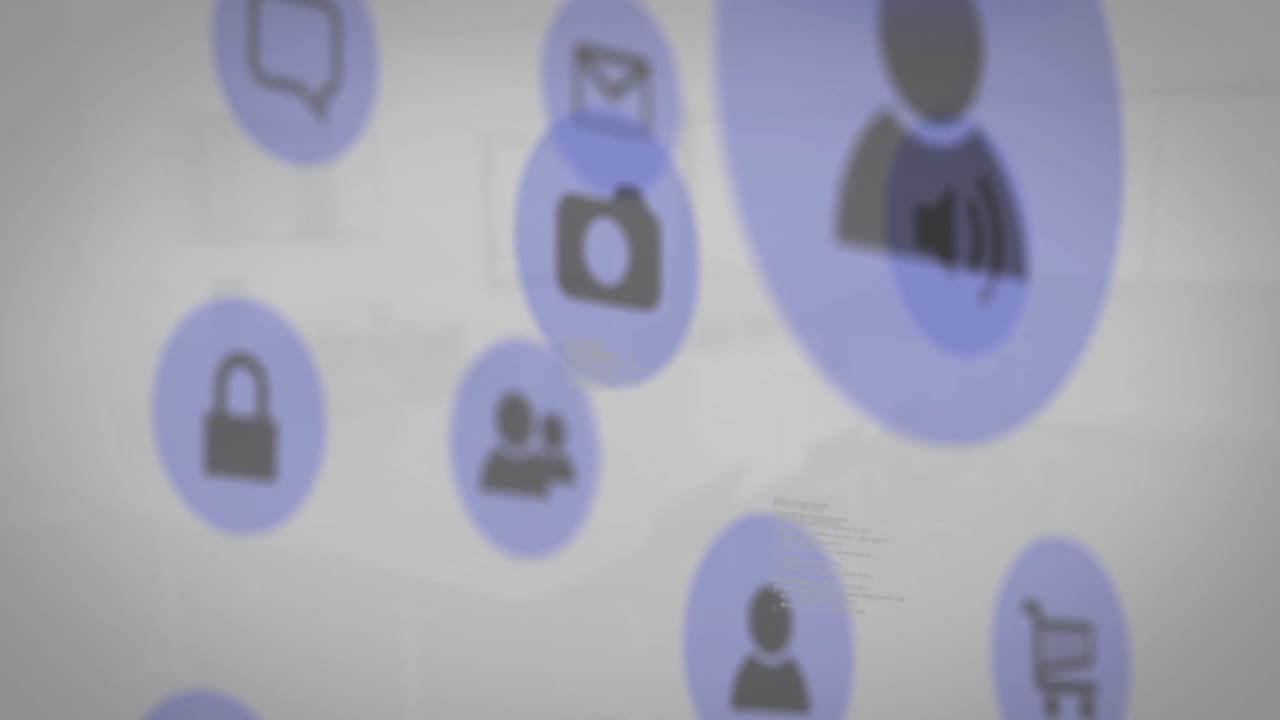 animación de múltiples iconos y lenguaje informático sobre fondo blanco