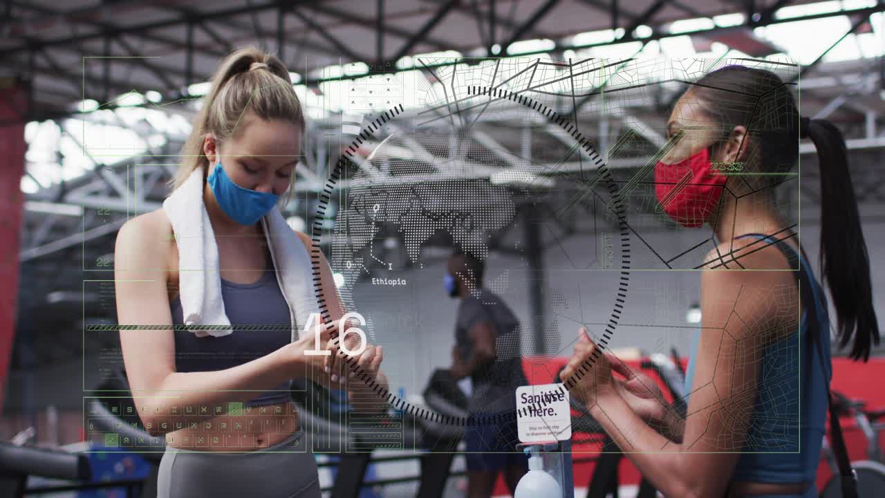 Left woman pressing sanitizer pump and rubbing hands in gym, HUD tracking progress before workout
