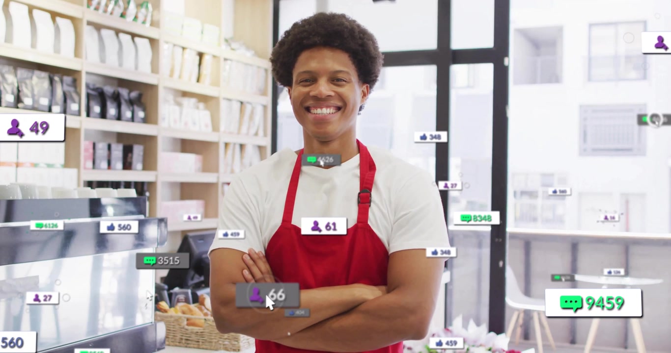 Barista de café au comptoir en direct, avec des métriques de médias sociaux en hausse soulignant l'engagement.