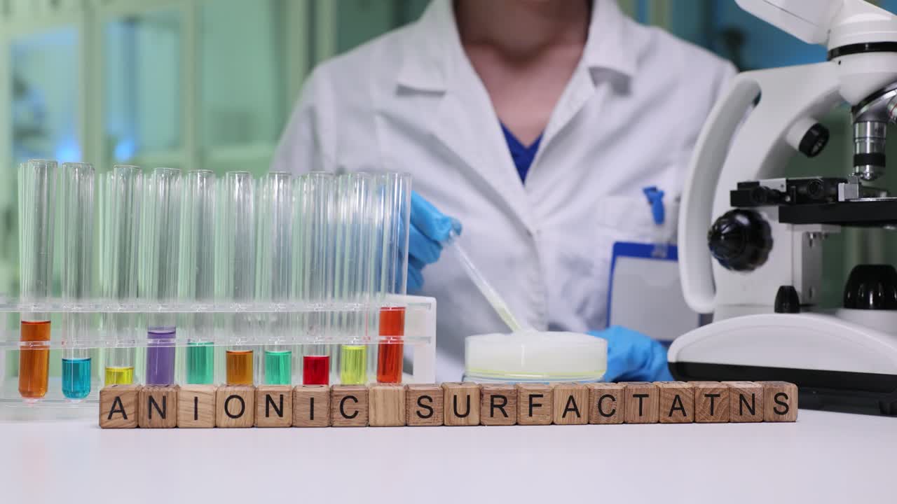 Testo tensioattivi anionici e provette con liquidi colorati in laboratorio