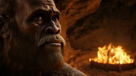 a caveman sits by a fire in a cave