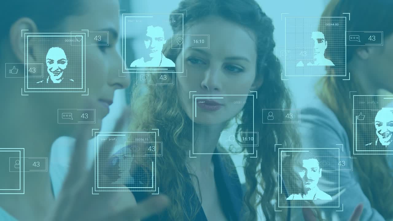 Animation of online icons over diverse business people