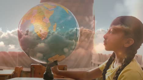 Animation-of-girl-looking-a-spinning-earth-globe-