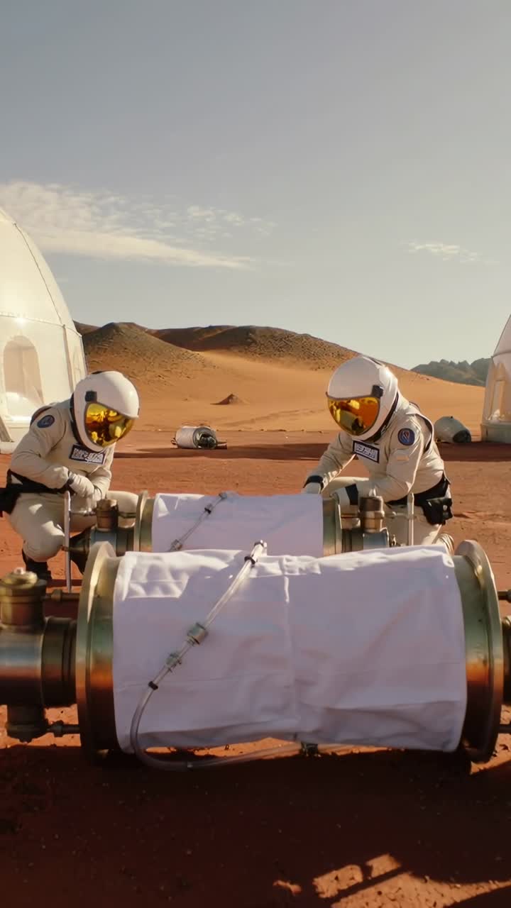Vertical video: Aligning joint, two crew in white suits torquing hoses on sand securing tanks