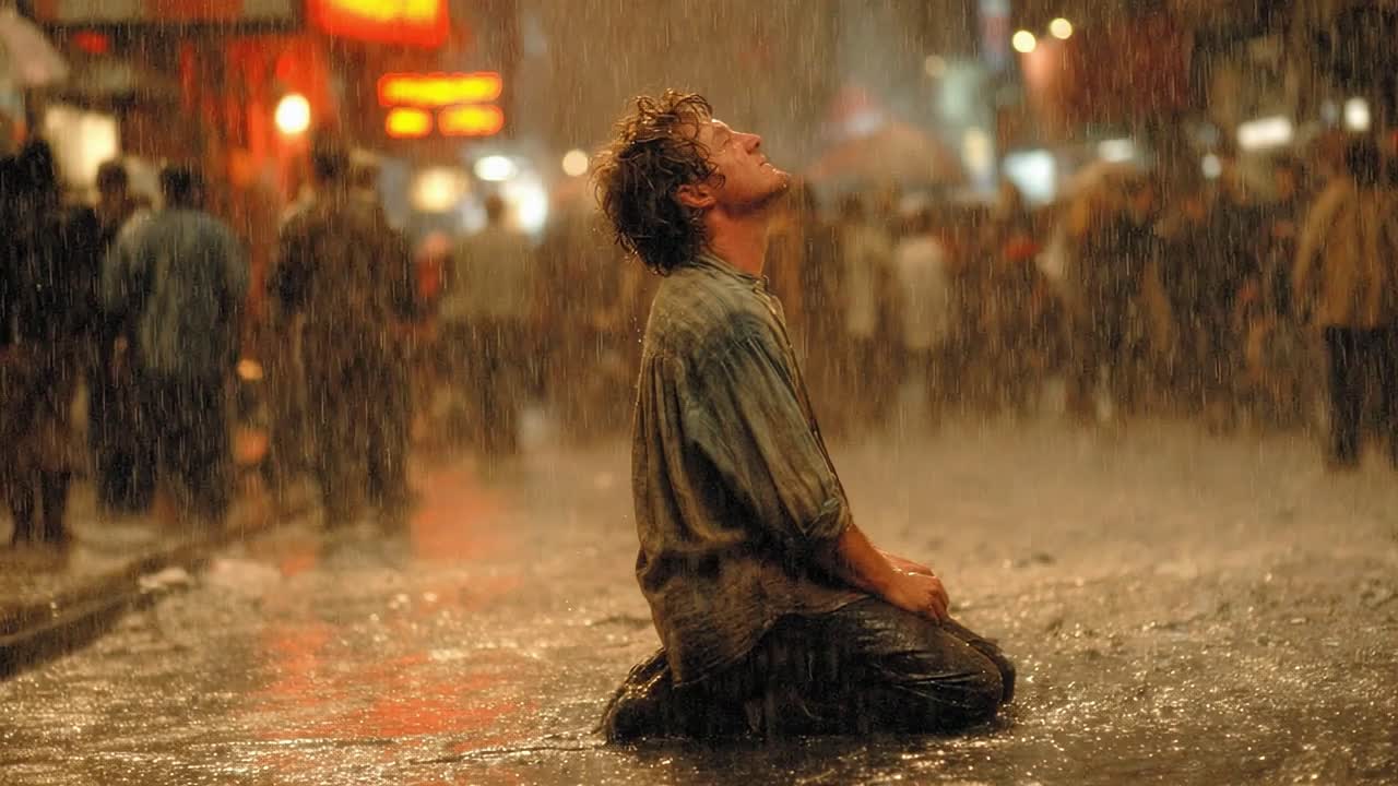 A Man Embracing the Rain in a Bustling City, Capturing the Essence of Emotion, Desperation, and Reflection Amidst a Downpour During Nighttime