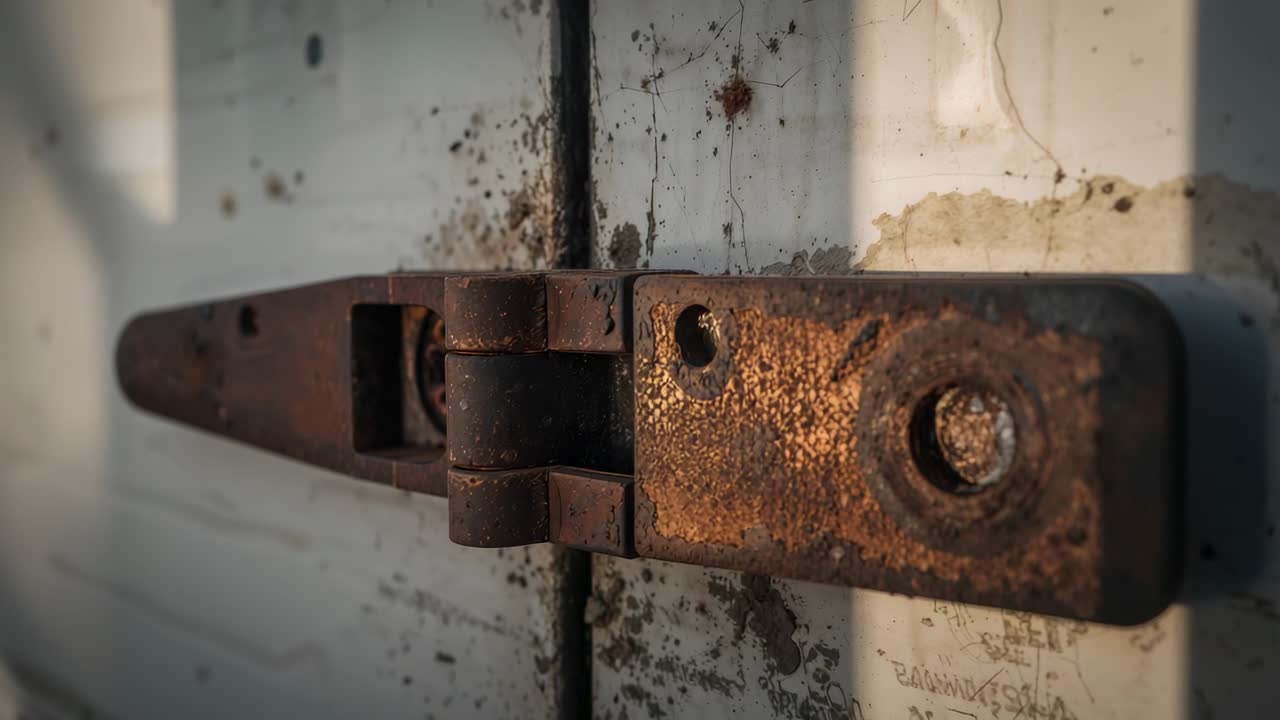 Kameraet bevæger sig tættere på og justerer fokus på et metalpanel, der viser en rusten lås, et hængsel og et bolthul