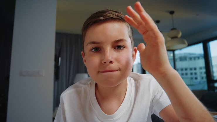 ragazzo intelligente che alza la mano durante l'istruzione online. ragazzo divertente che studia a casa.