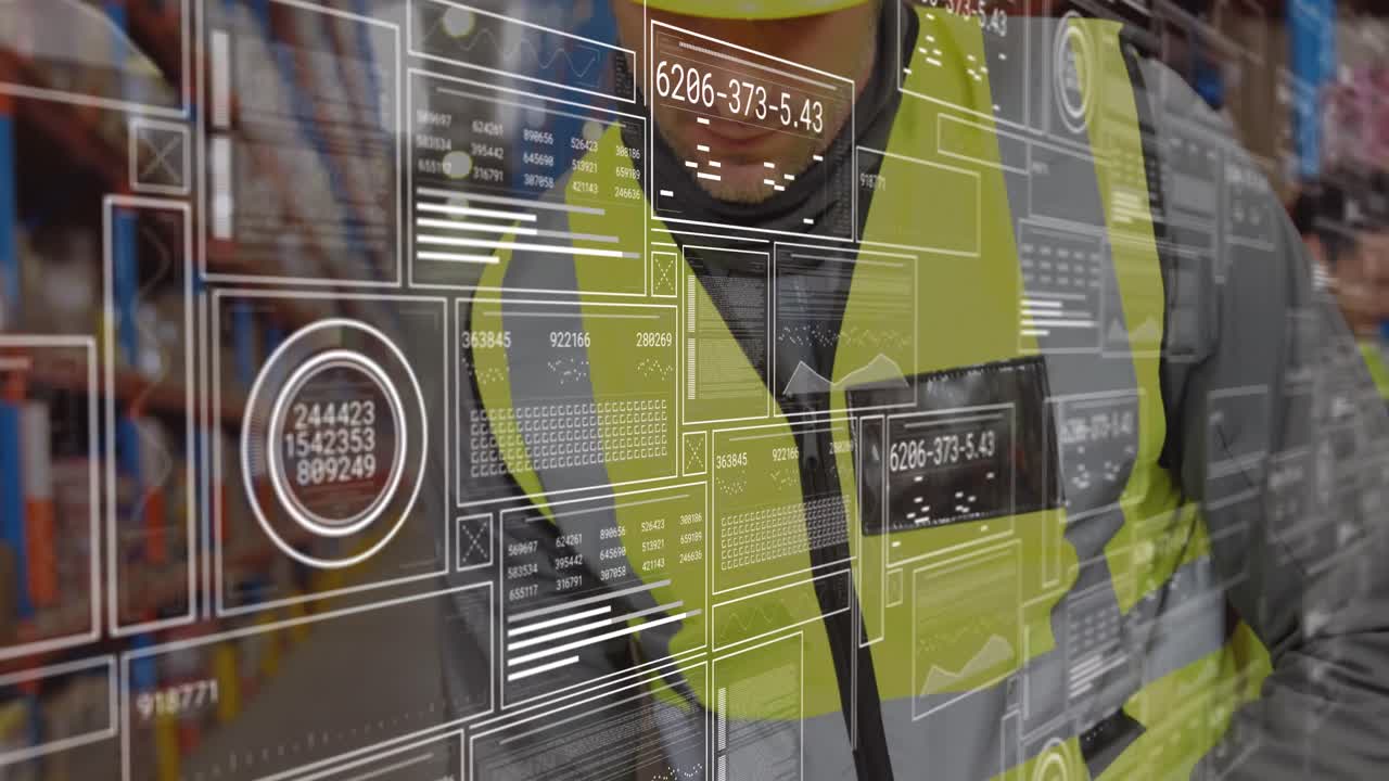 Animation of graphs, loading bars, circles, changing numbers, caucasian worker using scanner machine