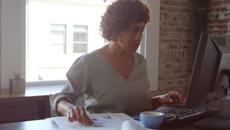 mature businesswoman works on computer in office shot on r3d