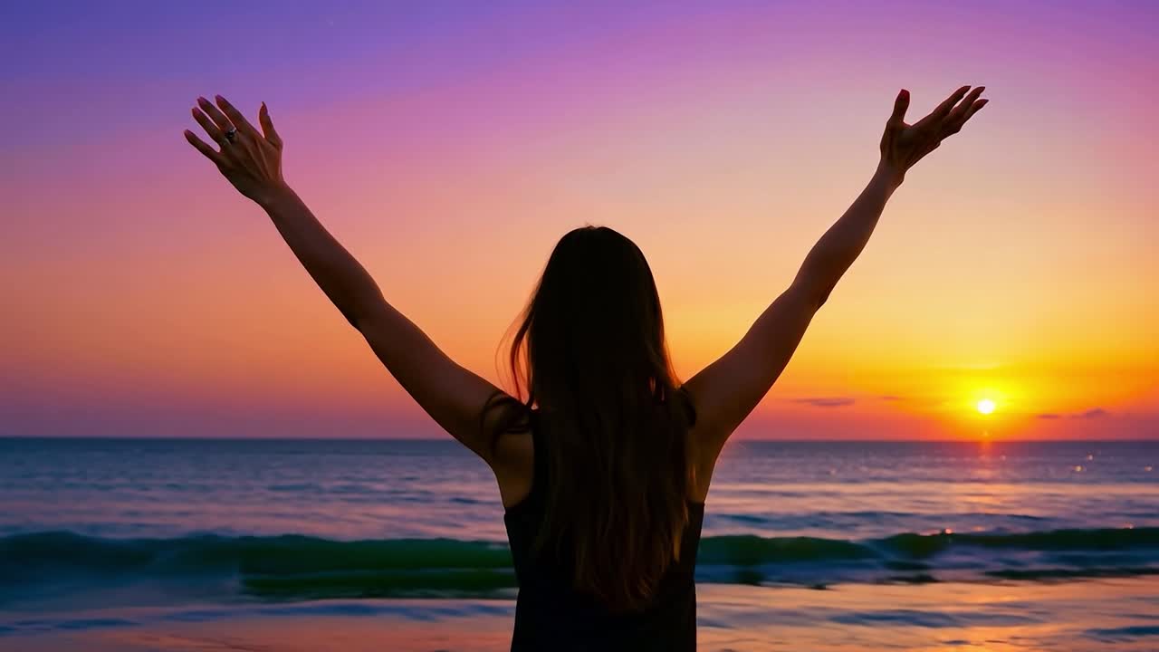 mujer silueta contra la puesta de sol en una playa