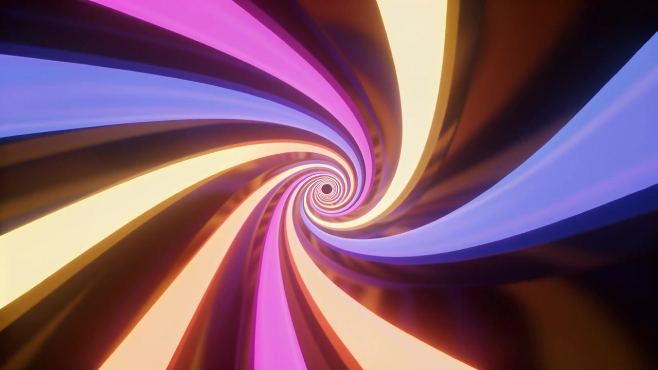 Un tunnel a nastro a spirale inizia a ruotare, avvolgendosi verso l'interno in un vortice per creare profondità, con bande luminose.