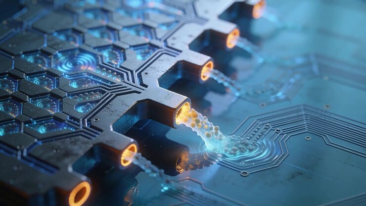 Illuminating orange ports initiating manifold sending glowing fluid to circuit pad energizing nodes