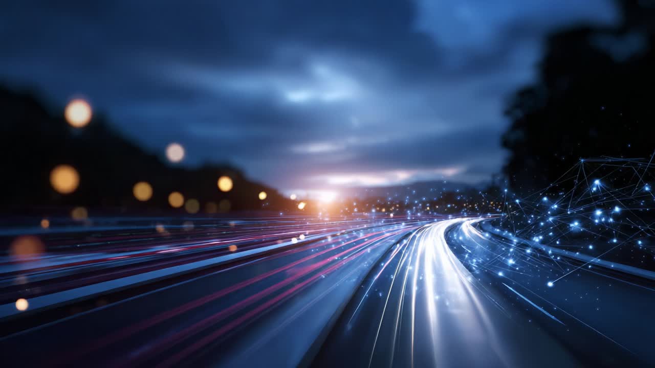 Captivating nighttime scene showcasing dynamic light trails on a vibrant road, blending technology and nature, as glowing particles swirl around, enhancing the ethereal beauty of the urban landscape