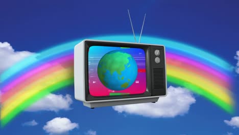 Animation-of-vintage-tv-and-globe-over-rainbow-and-sky