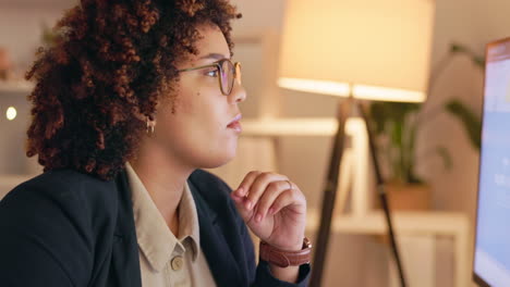 thinking, office or woman reading on computer