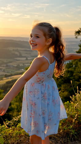 a joyful young girl in a floral dress dancing at sunset over a scenic valley
