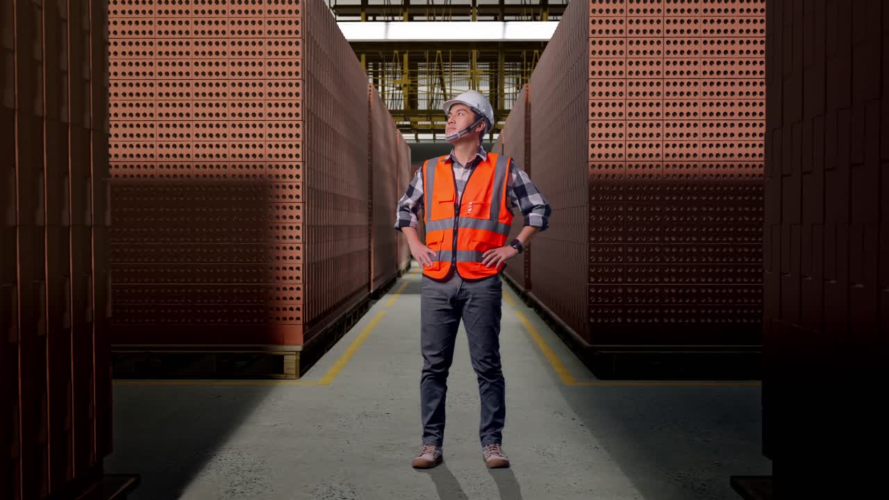 Full Body Of Asian Male Engineer Wearing Safety Helmet Looking Around While Standing With Arms Akimbo With Red Brick Packed in Stacks Are Stored