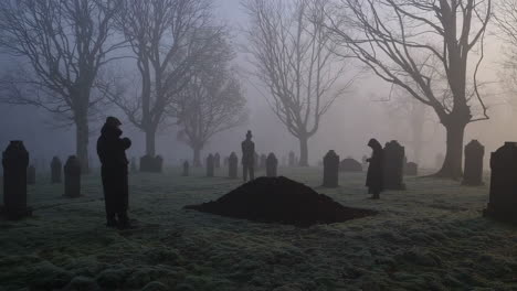 mourning in a foggy cemetery