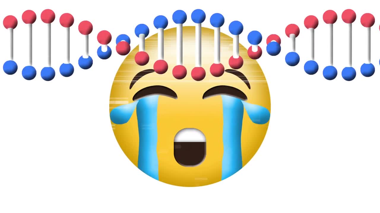 dna 구조의 디지털 애니메이션이  ⁇  배경에 울고 있는 얼굴 이모티콘을 돌고 있습니다.
