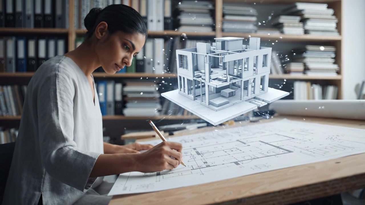 Architectural Design Process: A Woman Sketching Plans with 3D Visualization Overlay, Capturing the Fusion of Traditional Drawing and Modern Technology