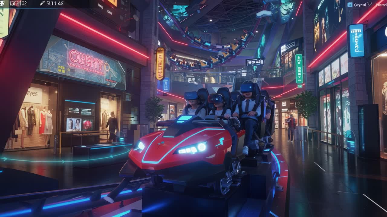 A thrilling virtual reality ride experience in a vibrant futuristic arcade, showcasing colorful neon lights and immersive technology as riders embark on an exciting adventure
