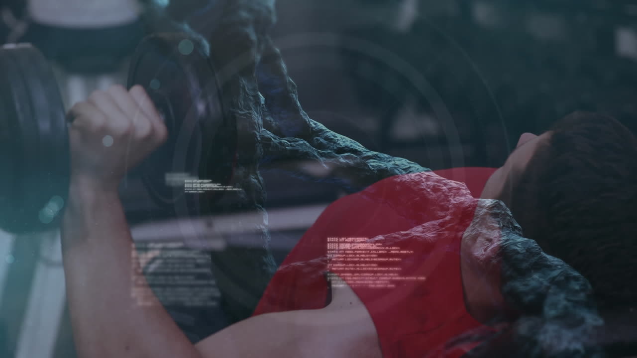 Animation of dna strand spinning and data processing over strong man exercising