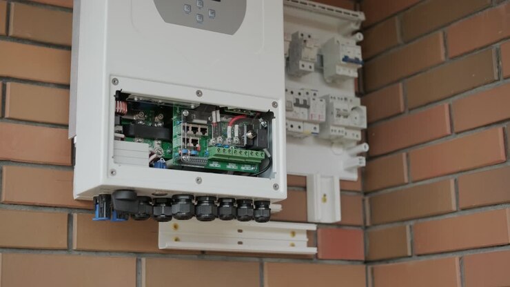 En elektriker installerer en inverter i et hjem. Billedet viser teknisk snilde, moderne værktøj og fokus på sikkerhed i elarbejde.