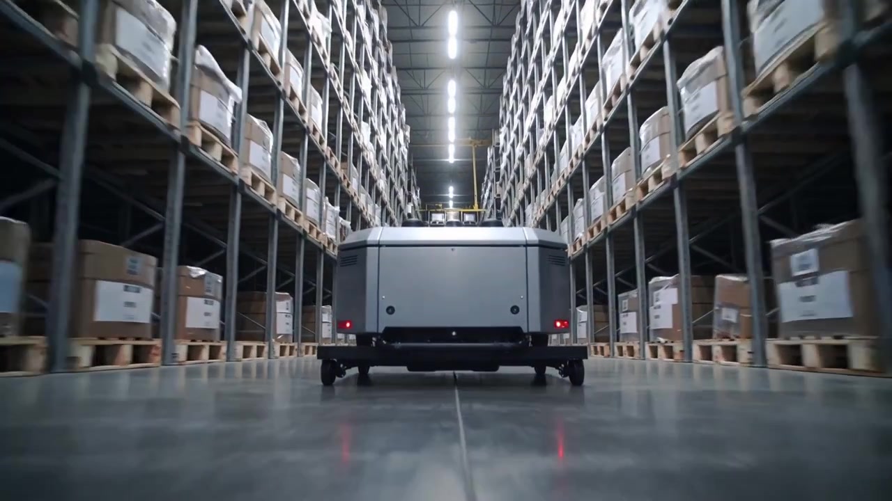 Seguendo una linea guida, robot autonomo che si muove lungo il corridoio di un magazzino, mostrando il riflesso del fanale posteriore.