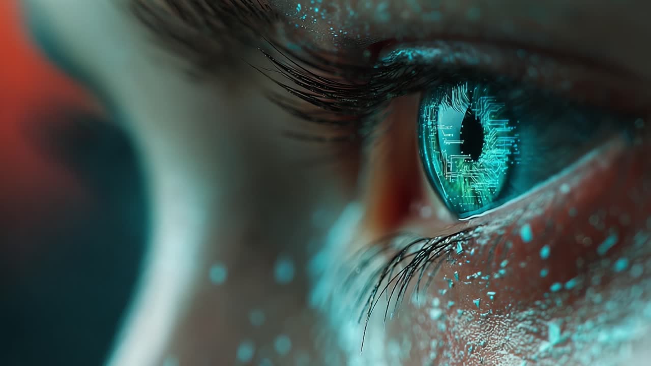 A close-up view of an eye reflecting a digital landscape, illustrating the intersection of human perception and technology with intricate details in a mesmerizing composition