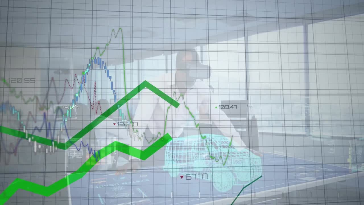 interfaz digital con procesamiento de datos sobre un hombre de negocios afroamericano que usa auriculares vr en la oficina