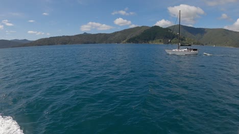 Vista-Panorámica-Del-Yate-Que-Pasa,-Hermosas-Aguas-Azules-Y-Vastos-Paisajes-En-Verano---Sonido-De-La-Reina-Charlotte,-Nueva-Zelanda