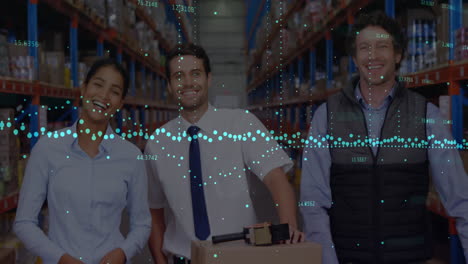animation of financial data processing over people working in warehouse