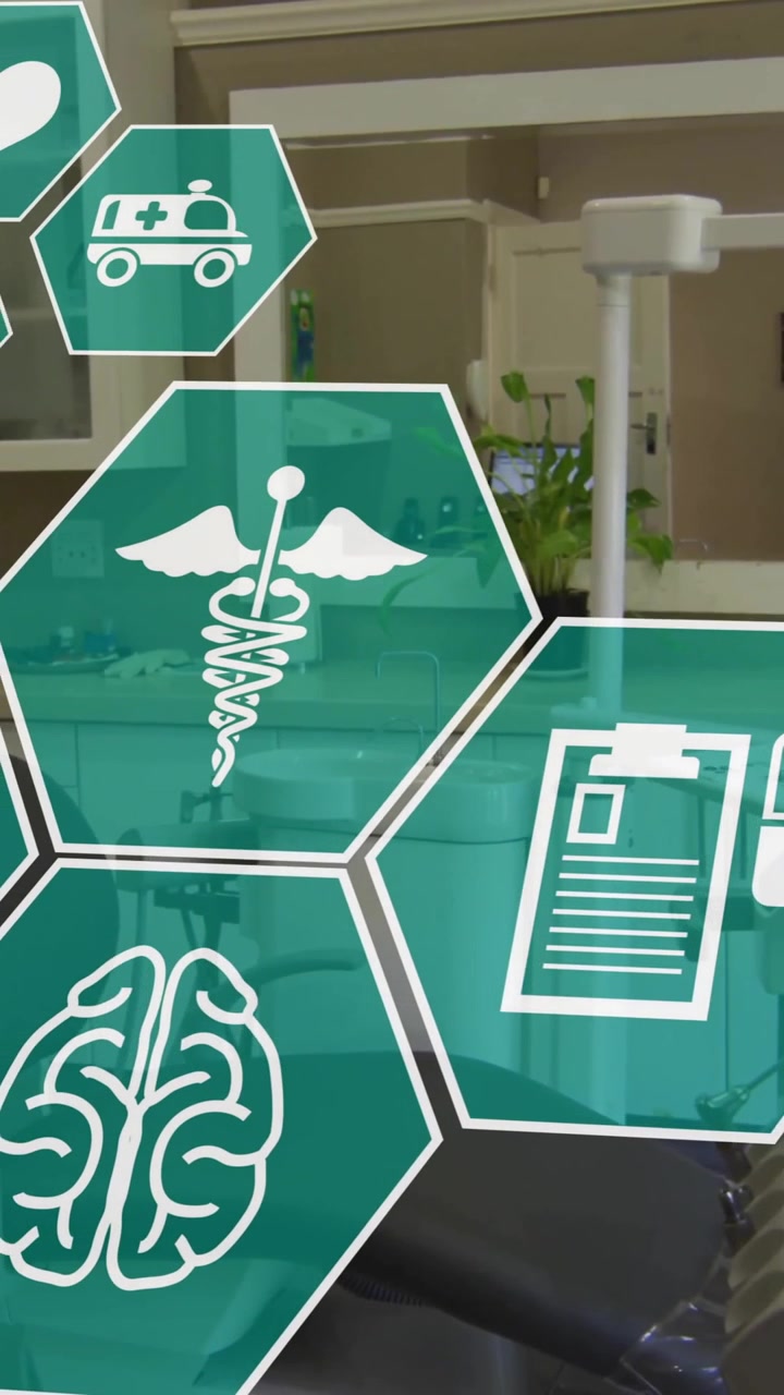 Animation d'un réseau d'icônes médicales sur un cabinet dentaire