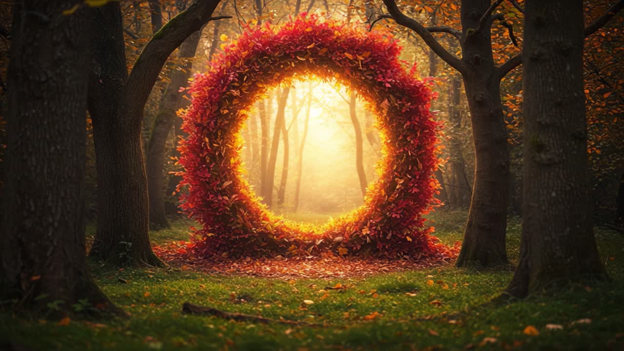 A Mystical Portal Surrounded by Autumn Leaves Glimmers in the Enchanted Forest, Inviting Wanderers to Explore the Beauty of Nature's Transformation