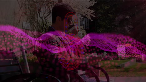 man drinking coffee and using smartphone in business park, featuring digital wave overlay